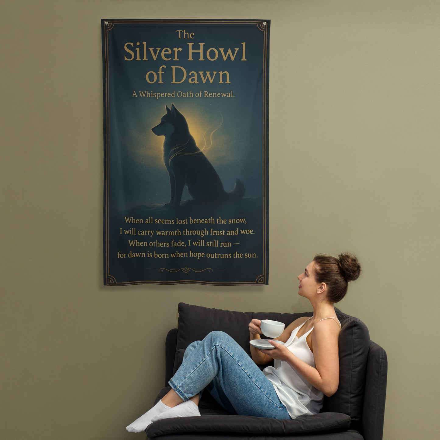 Celestial Siberian Husky guardian spirit art, The Silver Howl wall banner with moon and stars, blue-toned fantasy dog art scroll for home decor.