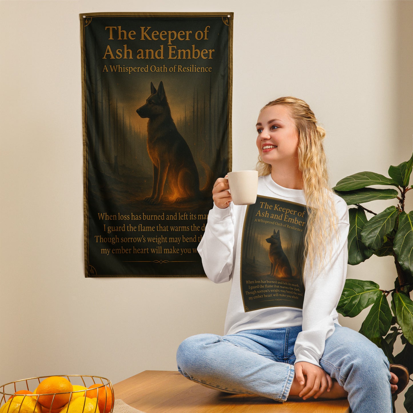 Heroic German Shepherd guardian standing among embers and fire, celestial dog protector art, German Shepherd wall scroll for home decor and resilience.