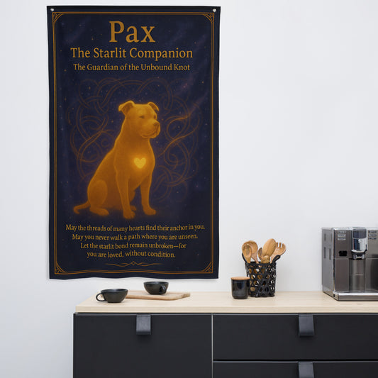 Celestial golden Pitbull mix guardian spirit art, Pax The Starlit Companion wall flag, mystical dog protector banner with stars and glowing heart.