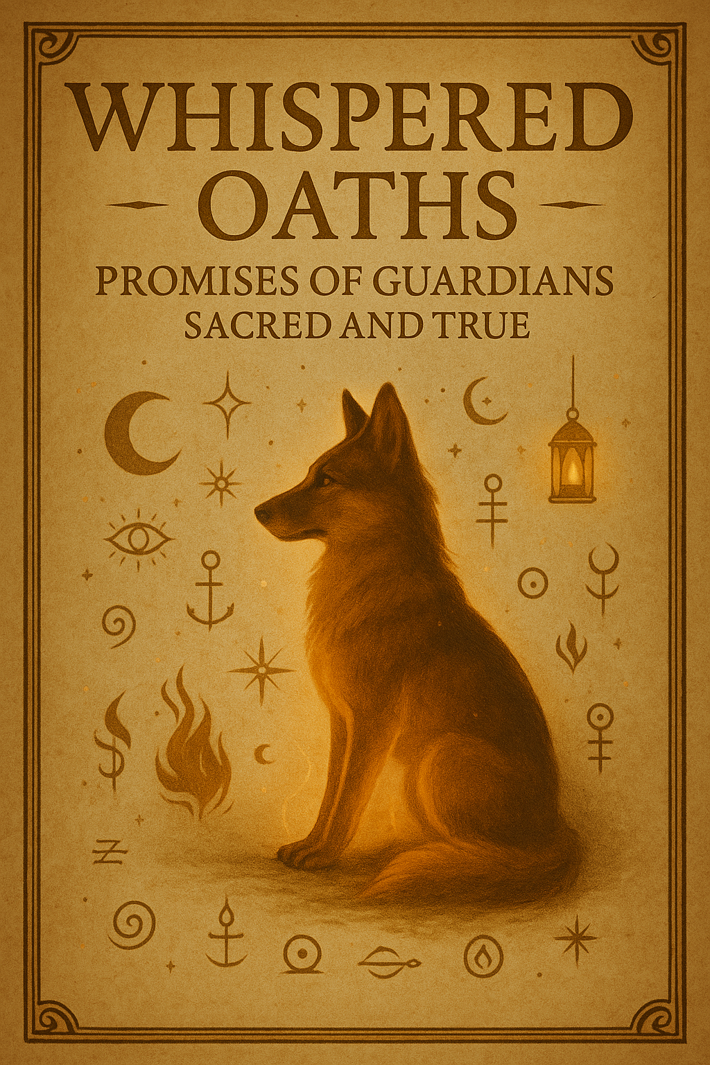 “Whispered Oaths collection artwork — glowing lantern symbols and a mystical fox guardian sitting in a golden sanctum, representing ancient vows of resilience, devotion, and protection.”