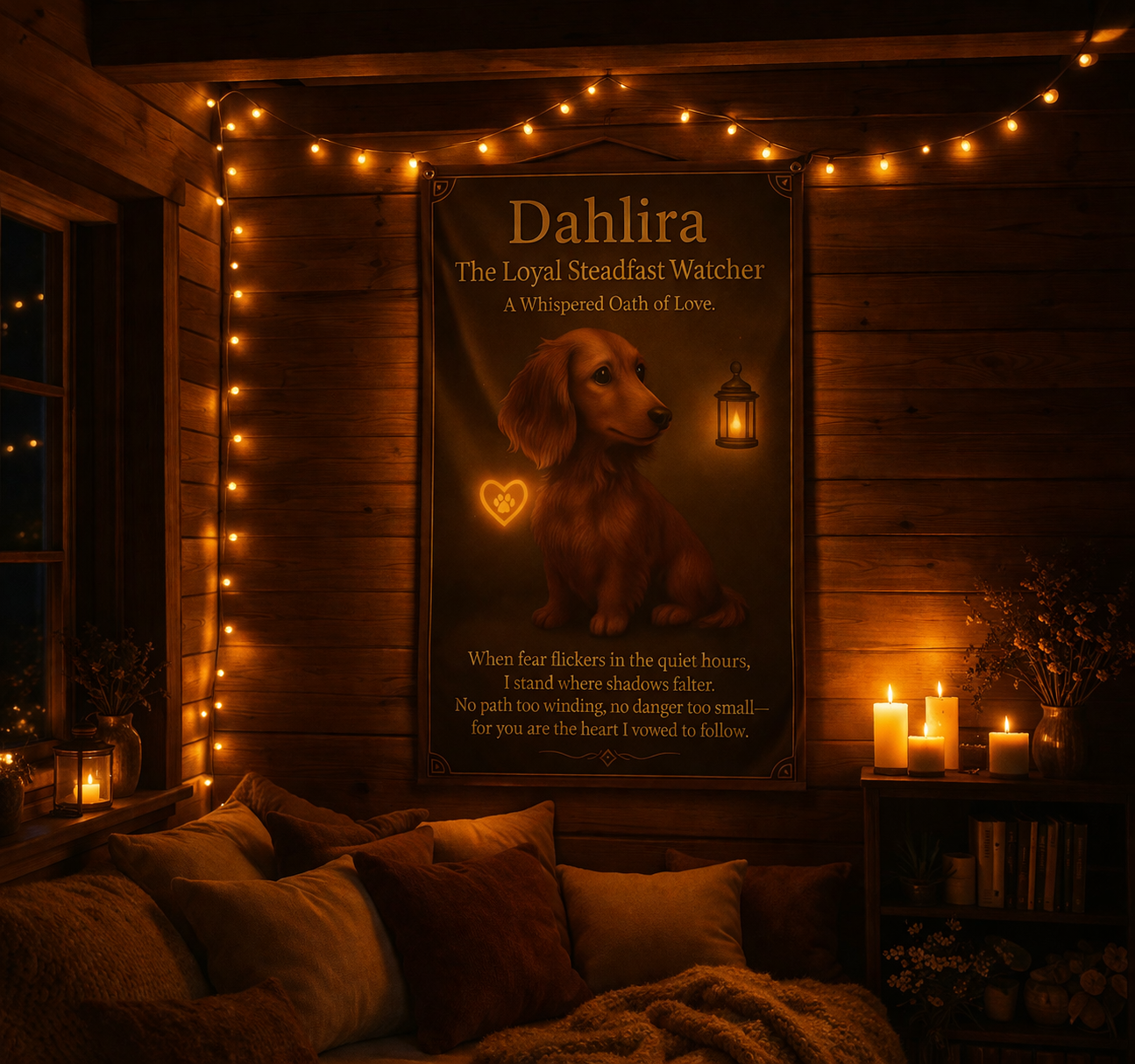 Cozy room with string lights, candles, and a framed picture of a dog named Dahlira.