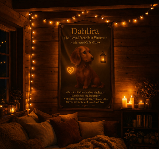 Cozy room with string lights, candles, and a framed picture of a dog named Dahlira.