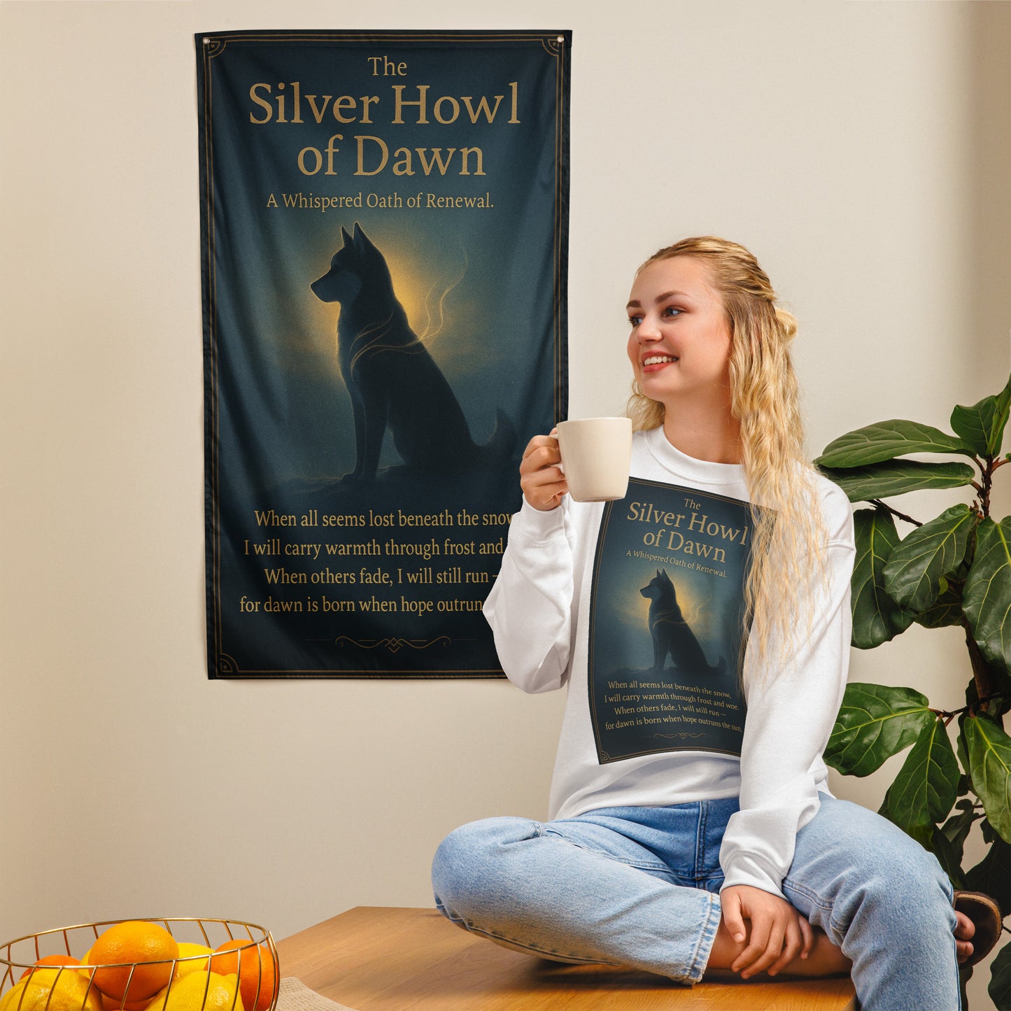 Celestial Siberian Husky guardian spirit art, The Silver Howl wall banner with moon and stars, blue-toned fantasy dog art scroll for home decor.