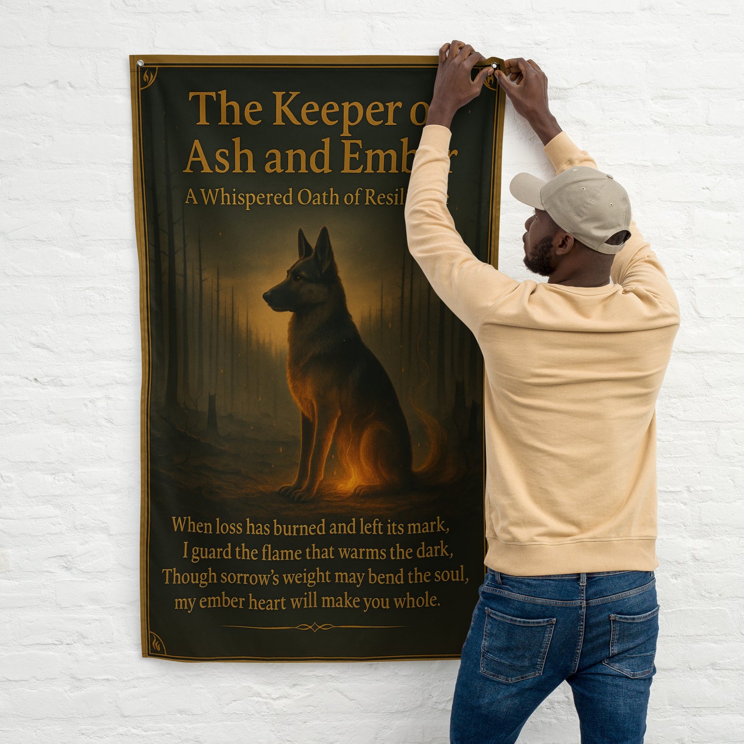 Heroic German Shepherd guardian standing among embers and fire, celestial dog protector art, German Shepherd wall scroll for home decor and resilience.

