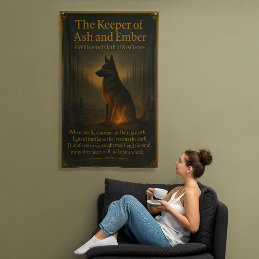 Heroic German Shepherd guardian standing among embers and fire, celestial dog protector art, German Shepherd wall scroll for home decor and resilience.