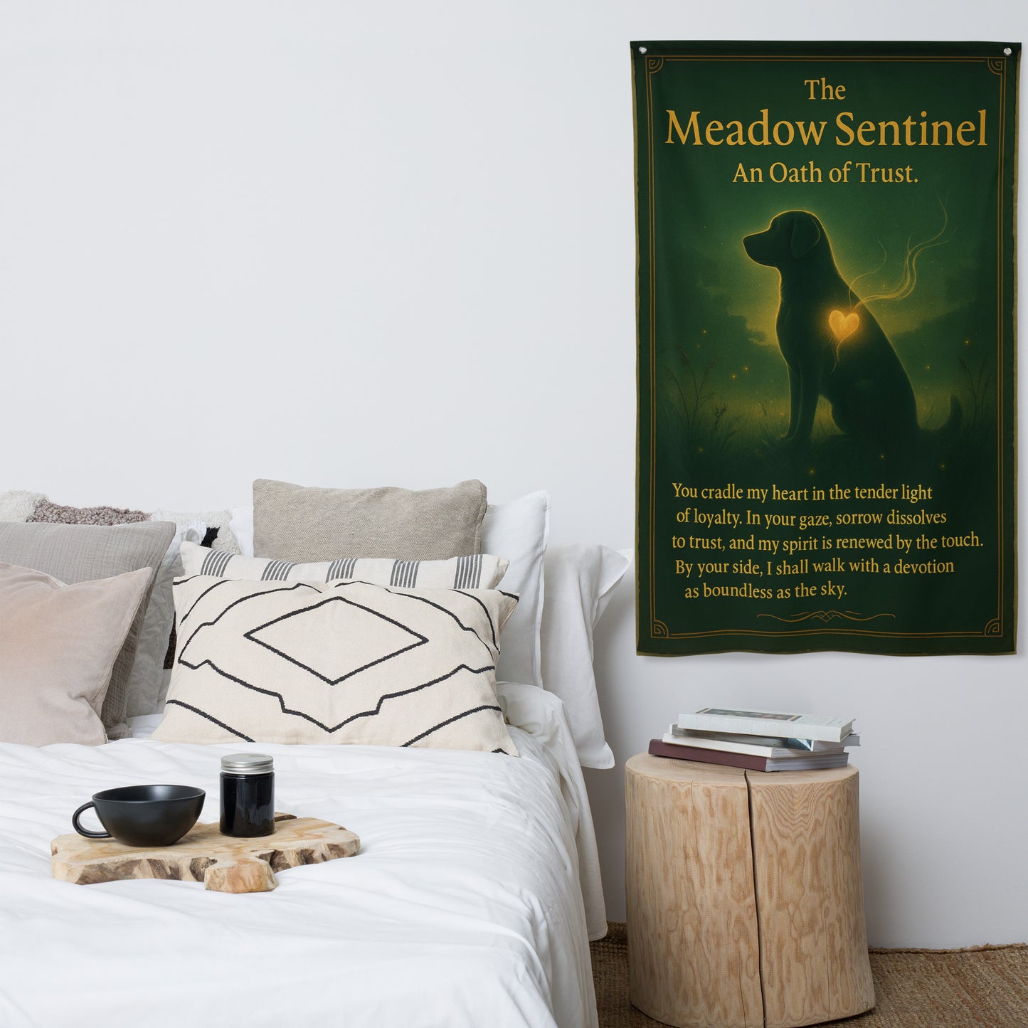 Celestial Golden Retriever guardian in a sunlit meadow, yellow Labrador devotion art, fantasy dog wall scroll, golden dog spirit protector for home decor.