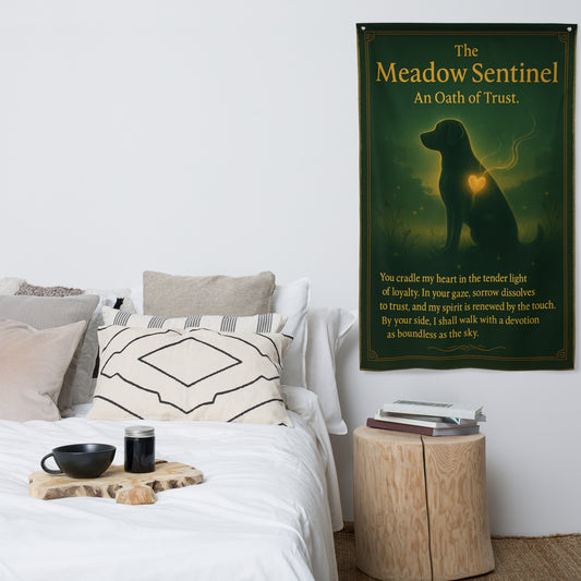 Celestial Golden Retriever guardian in a sunlit meadow, yellow Labrador devotion art, fantasy dog wall scroll, golden dog spirit protector for home decor.