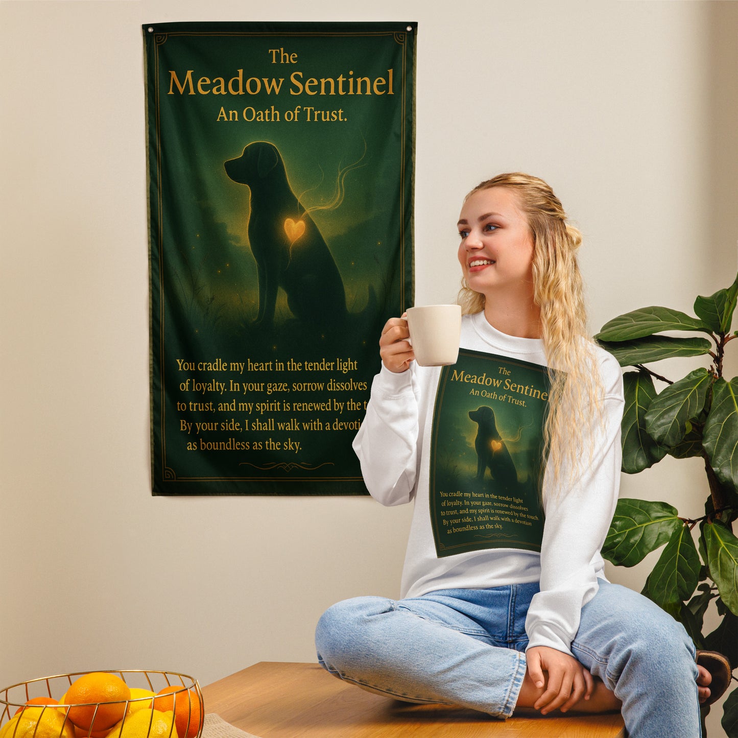 Celestial Golden Retriever guardian in a sunlit meadow, yellow Labrador devotion art, fantasy dog wall scroll, golden dog spirit protector for home decor.