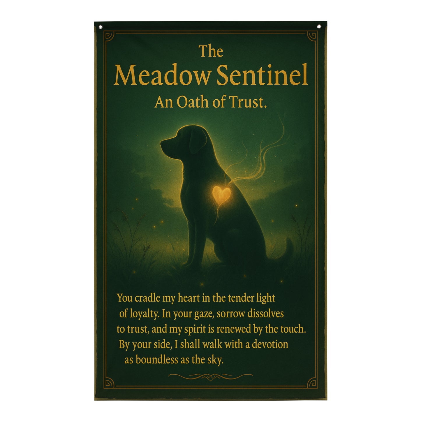 Celestial Golden Retriever guardian in a sunlit meadow, yellow Labrador devotion art, fantasy dog wall scroll, golden dog spirit protector for home decor.