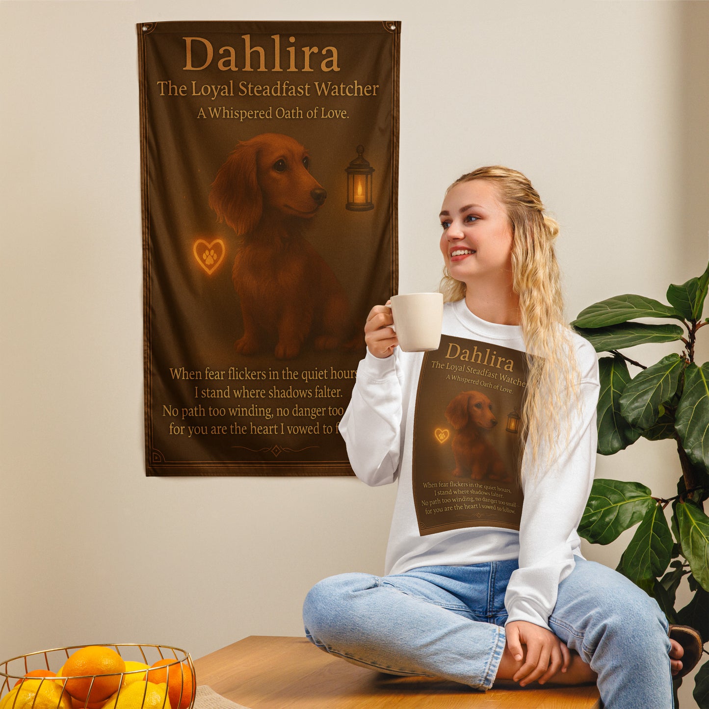 "Celestial golden dog guardian standing over a stone hearth, fantasy pet art wall scroll.