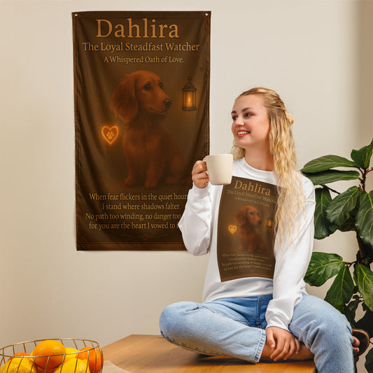 "Celestial golden dog guardian standing over a stone hearth, fantasy pet art wall scroll.