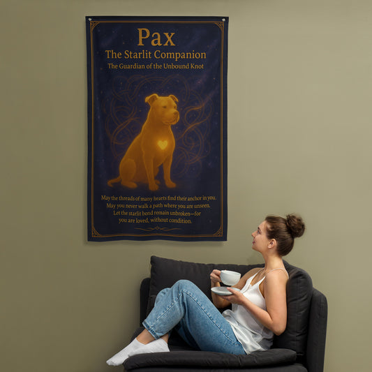 Celestial golden Pitbull mix guardian spirit art, Pax The Starlit Companion wall flag, mystical dog protector banner with stars and glowing heart.