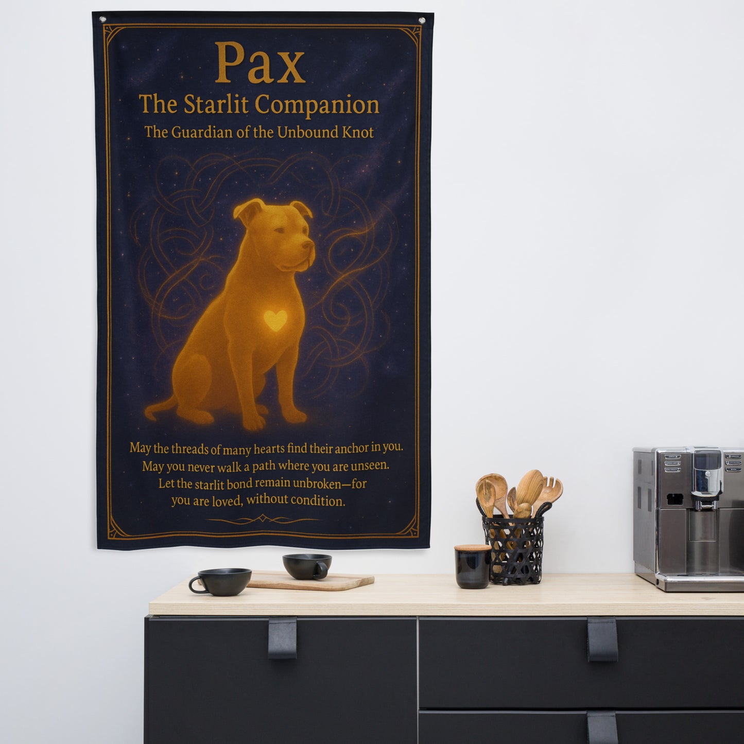 Celestial golden Pitbull mix guardian spirit art, Pax The Starlit Companion wall flag, mystical dog protector banner with stars and glowing heart.