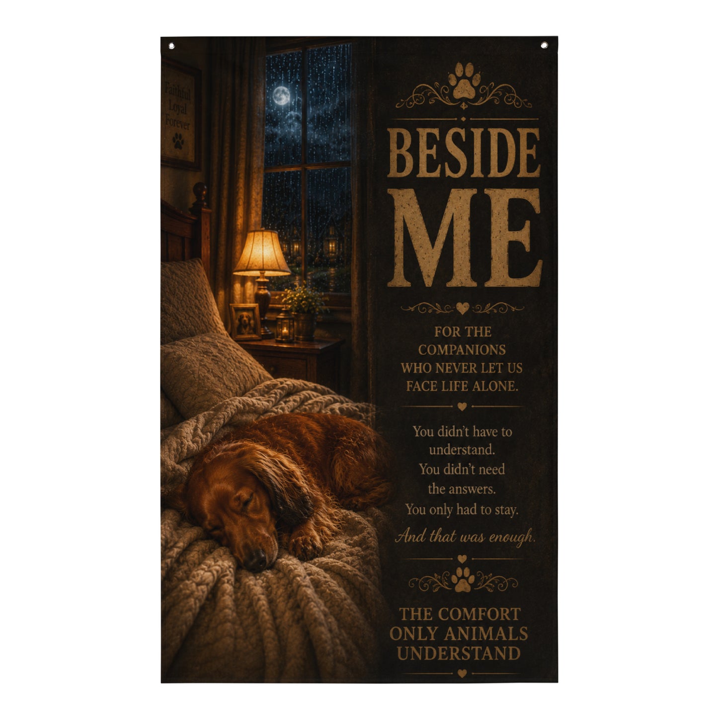 Sleeping dog memorial wall banner beside bed celebrating the comfort and loyalty of beloved companions.