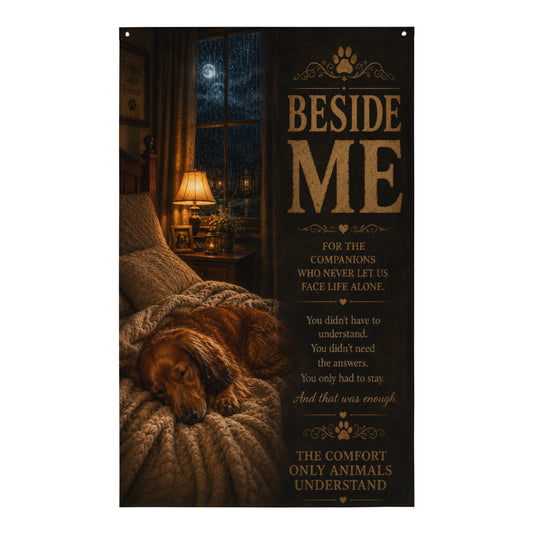 Sleeping dog memorial wall banner beside bed celebrating the comfort and loyalty of beloved companions.