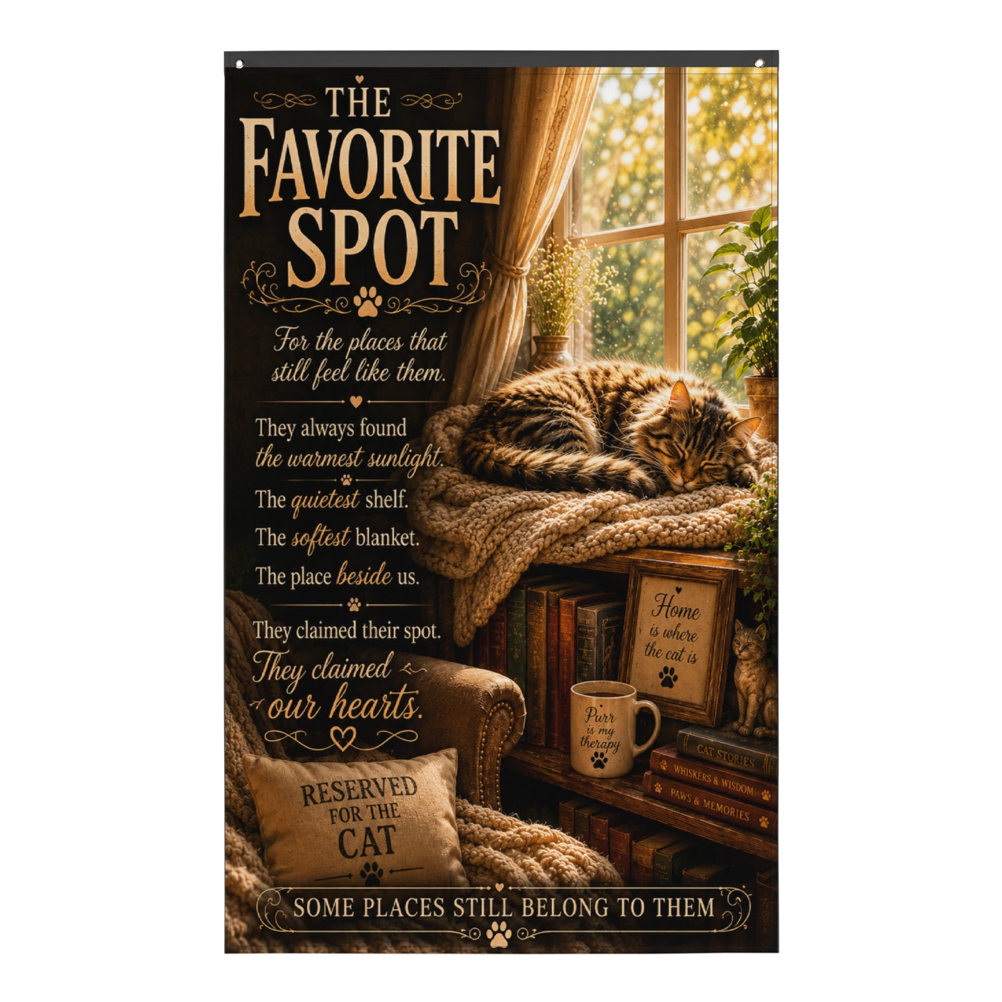 Cozy memorial cat wall banner showing a sleeping cat resting in warm afternoon sunlight, celebrating the places beloved companions made their own.