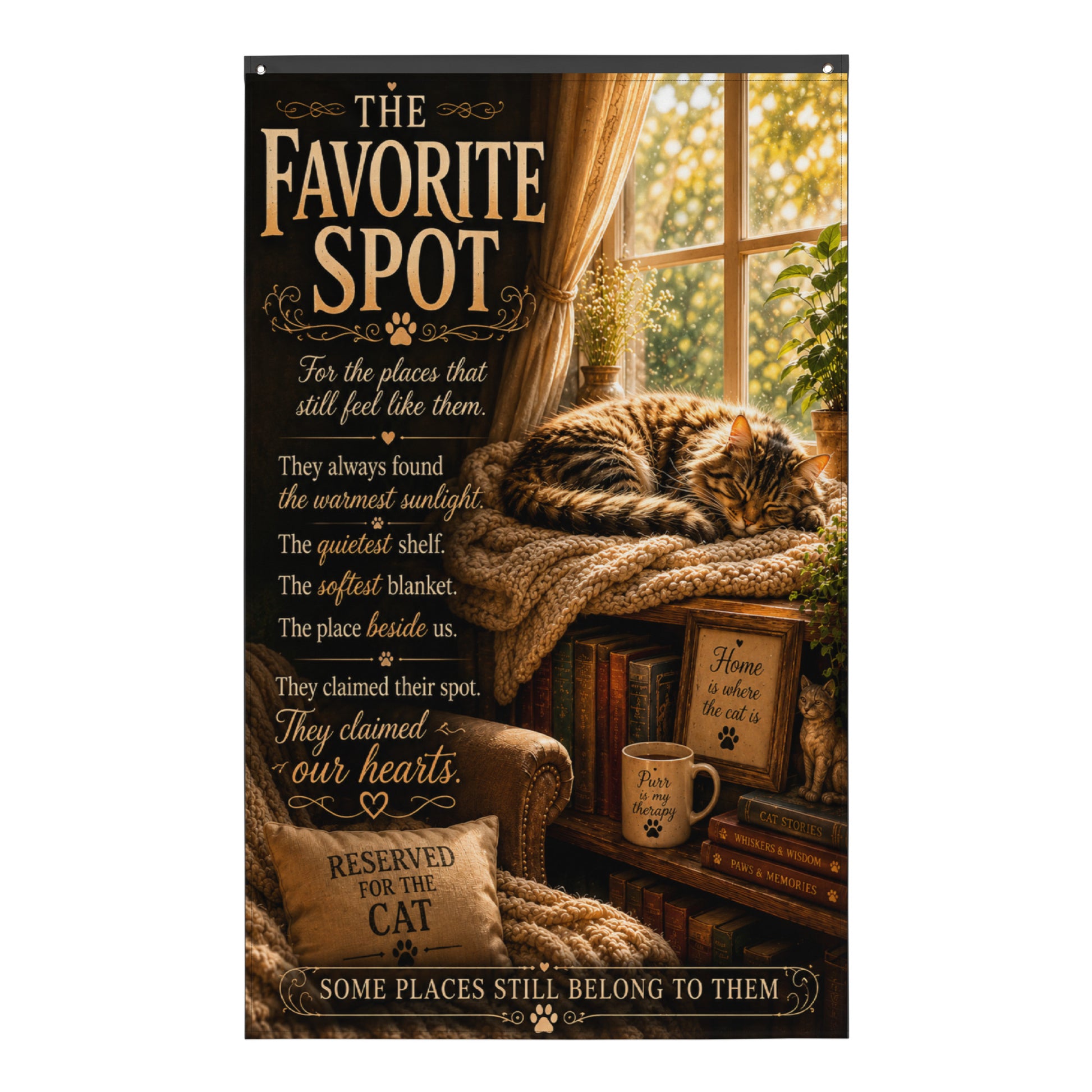 Cozy memorial cat wall banner showing a sleeping cat resting in warm afternoon sunlight, celebrating the places beloved companions made their own.