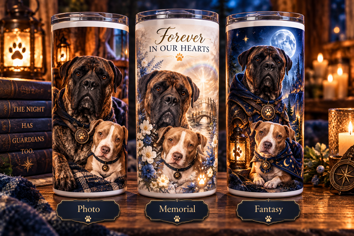 Personalized 20 oz tumblers in Photo, Memorial, and Fantasy styles