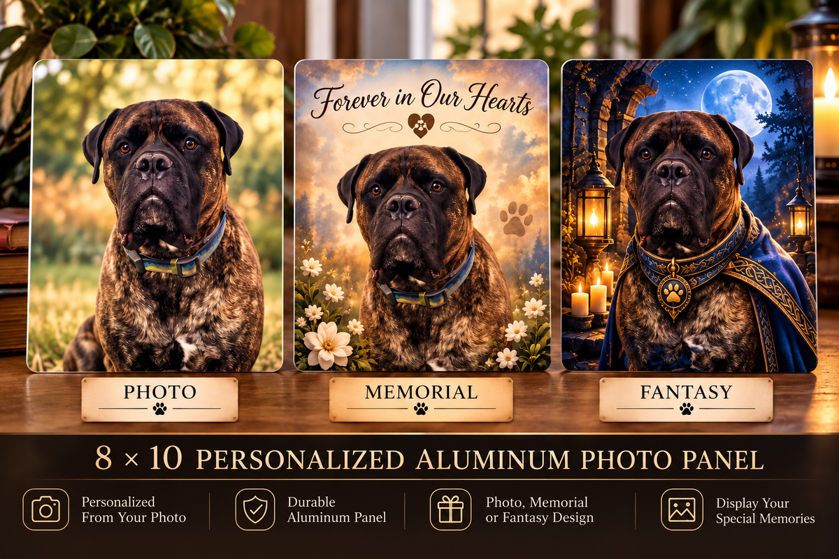 Personalized 8 x 10 aluminum photo panels in Photo, Memorial, and Fantasy styles