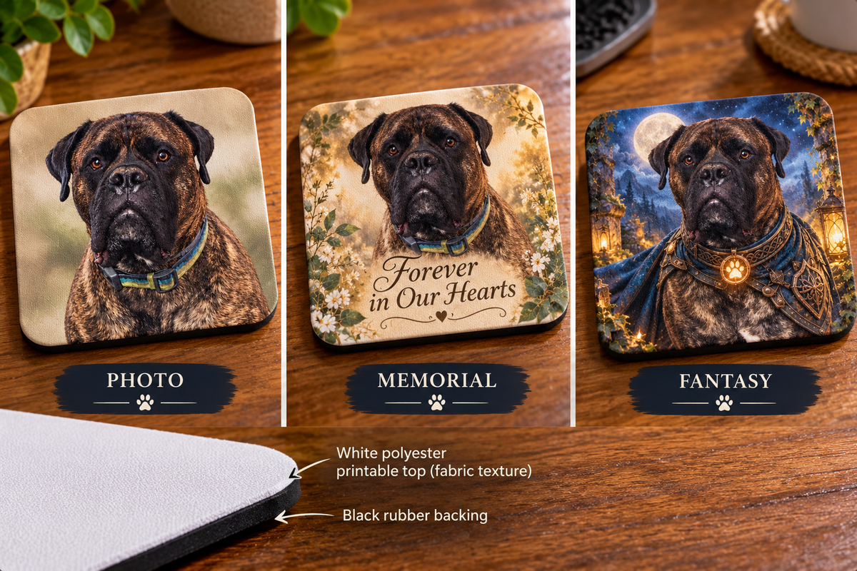 Personalized coasters in Photo, Memorial, and Fantasy styles