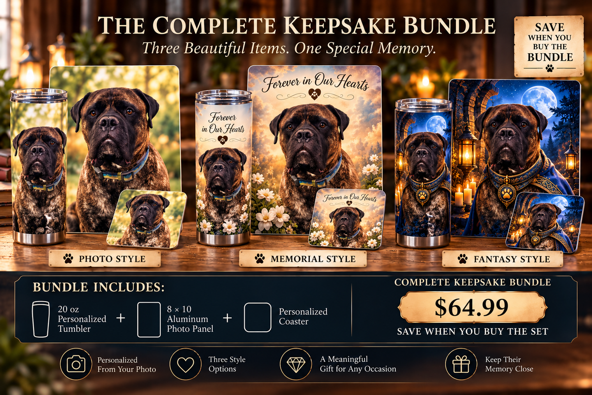 Personalized three-piece keepsake bundle with tumbler, aluminum photo panel, and coaster